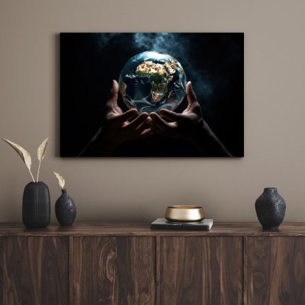 تابلو دکوراتیو مدرن کره زمین در دست یک فرد The globe in the hands of a person