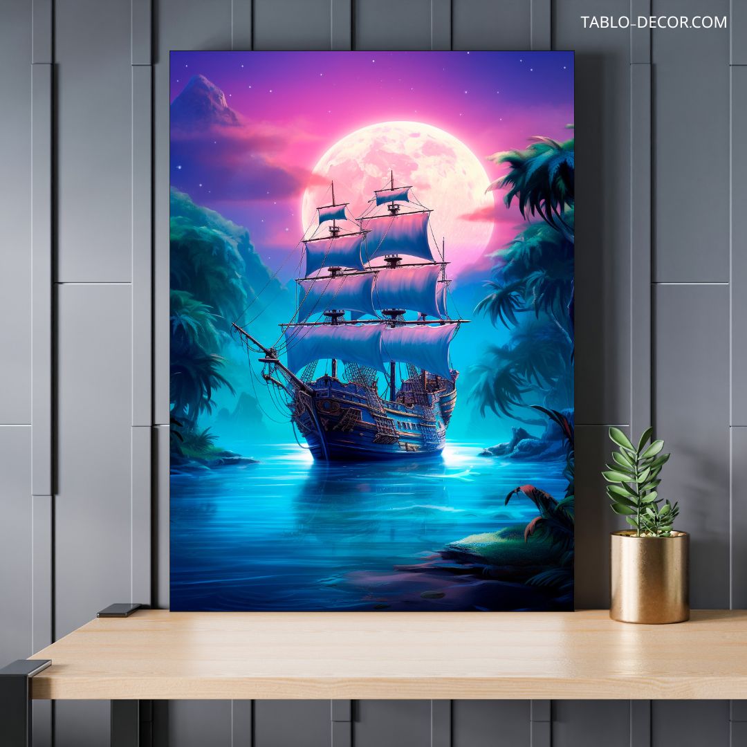 تابلو کشتی و ماه نورانی Ship and bright moon