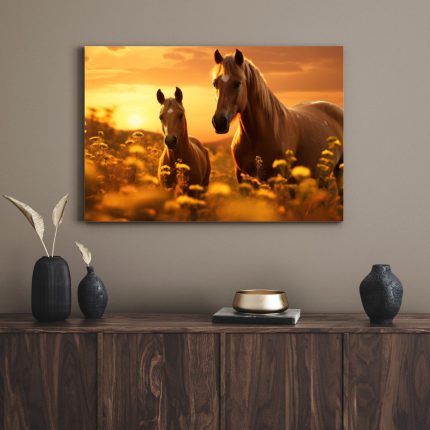 تابلو دکوراتیو حیوانات اسب ها در غروب افتاب Horses at sunset