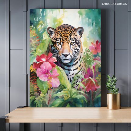 تابلو دکوراتیو حیوانات پلنگ بین گل ها Leopard among flowers