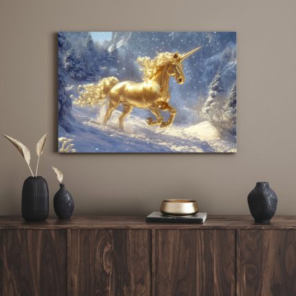 تابلو دکوراتیو فانتزی اسب شاخ دار طلایی Golden unicorn