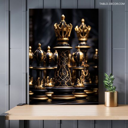 تابلو دکوراتیو شطرنج مشکی طلایی Black and gold chess
