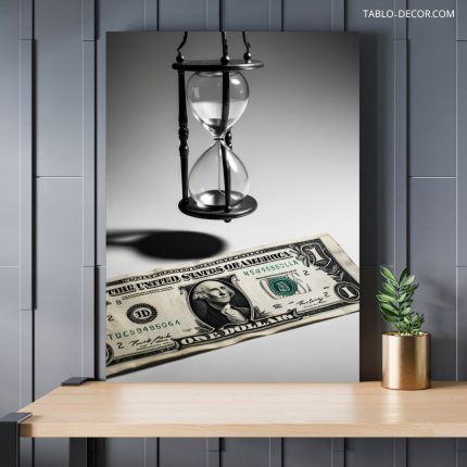تابلو ساعت شنی و یک دلار An hourglass and a dollar
