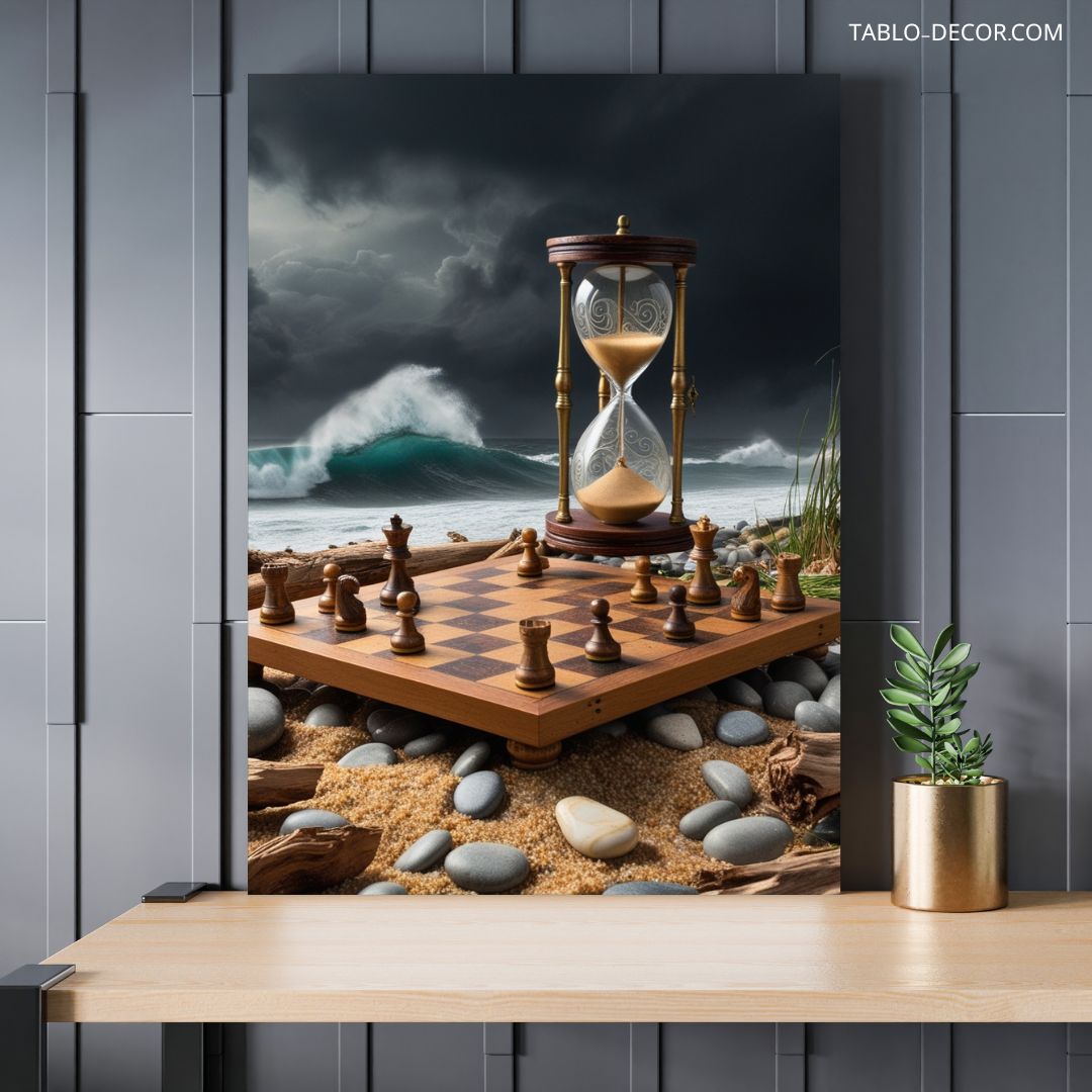 TD 2953 jpg تابلو ساعت شنی و شطرنج در ساحل طوفانی Hourglass and chess on a stormy beach