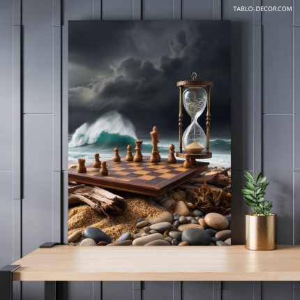 تابلو ساعت شنی و شطرنج در ساحل طوفانی Hourglass and chess on a stormy beach