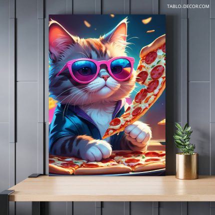 تابلو گربه عشق پیتزا The cat loves pizza