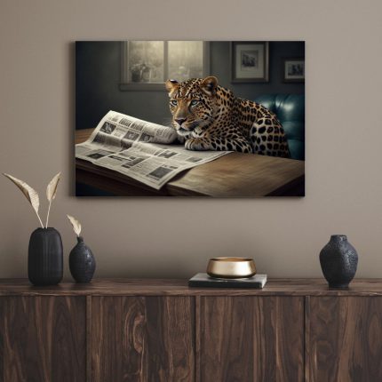 تابلو پلنگ در حال روزنامه خواندن Leopard reading newspaper