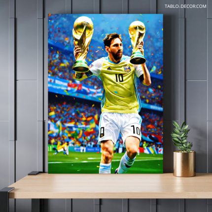 تابلو مسی با جام قهرمانی Messi with the championship trophy