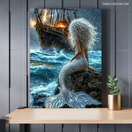 تابلو پری دریایی روی ضخره Mermaid on the beach