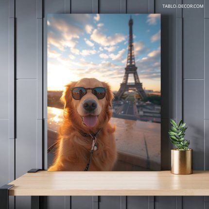 تابلو دکوراتیو سگ در کنار برج ایفل Dog next to the Eiffel Tower