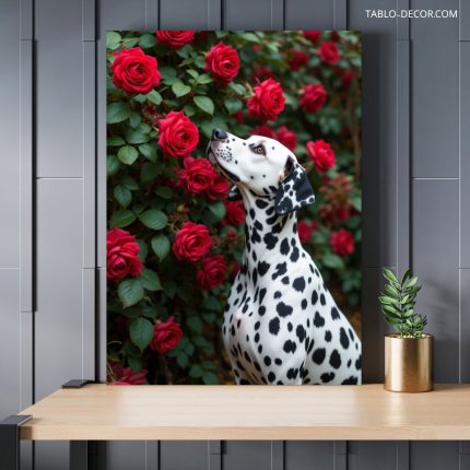 تابلو دکوراتیو سگ خالدار بین گل ها Spotted dog among the flowers